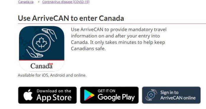 ArriveCanアプリをダウンロードするページのスクリーンショット。Photo © the Vancouver Shinpo