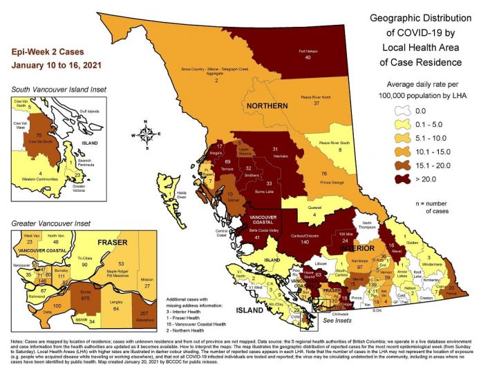 BCCDCが発表した地域別感染者数のデータ（"Geographic Distribution of Covid -19 by Local Health Area of Case Residence" by BCCDC)