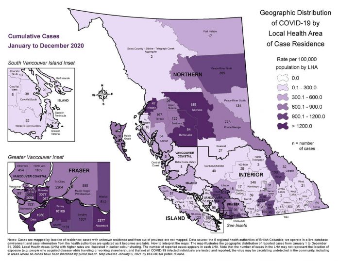 2020年1月から12月の地域別感染者数。By BCCDC（BC州疫病管理センター）