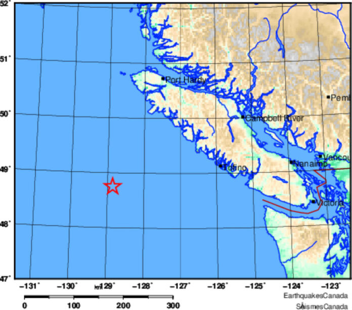 地震が発生した地点を示す地図。From Earthquake Canada