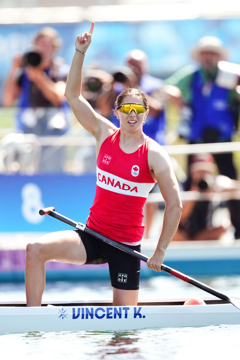 Team Canada’s Katie Vincent celebrates her gold medal in women's canoe single 200m sprint at the 2024 Paris Olympic Games in France on Saturday, August 10, 2024. Photo by Kevin Light/© 2024 Canadian Olympic Committee