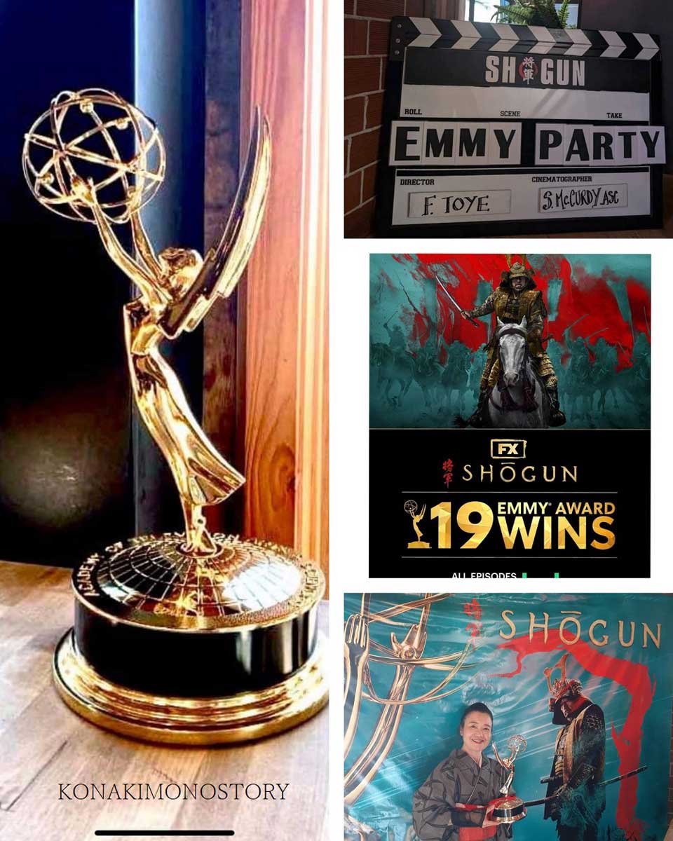 「衣裳部で働いていた筆者とトロフィー。Shogun Emmy Award Viewing Partyにて。作品に関わった俳優陣とクルーが集まりました」コナともこ