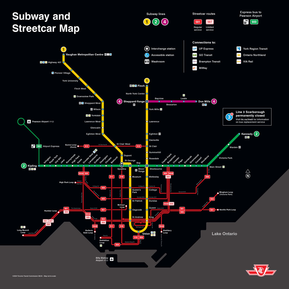 ＴＴＣ地下鉄の路線図（太線）。赤い細線は路面電車（ＴＴＣのホームページから）