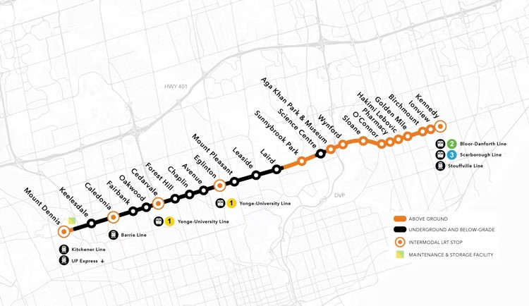 トロントで開業予定の次世代型路面電車（ＬＲＴ）「５号線」の路線図（メトロリンクスのホームページから）